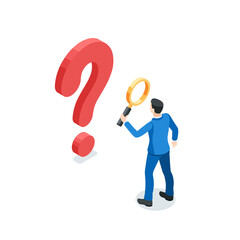 isometric vector business man with a magnifying glass looking at a big question mark, in color on a white background, searching for a solution to a problem or analyzing it