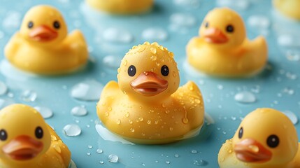 Yellow rubber ducks with water droplets, floating on a blue surface
