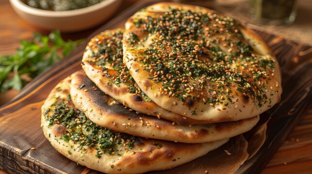 Try our mouthwatering homemade zaatar manakeesh. It's a classic Lebanese dish made with a pita bread topped with our special blend of herbs and spices.