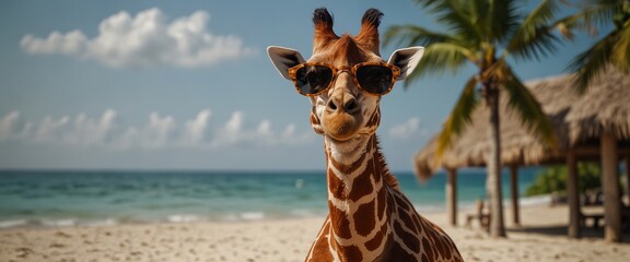 Funny giraffe with sunglasses on the tropical beach Travel background with silly animal on summer holiday.