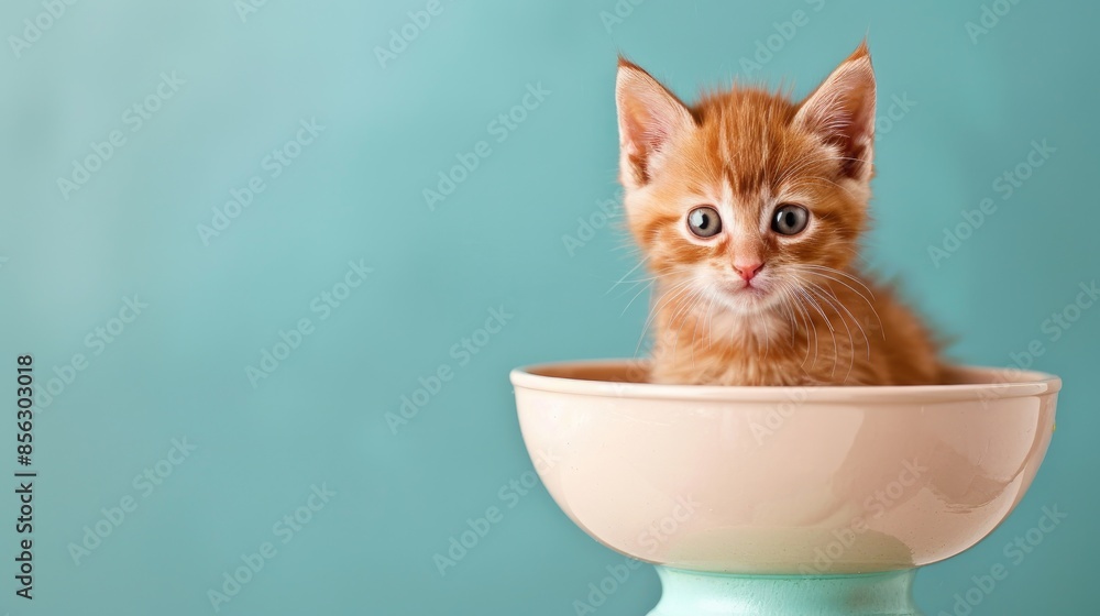 Poster tiny ginger kitten in cup on scale space for text