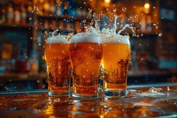 Pint of beer on a bar counter with TV showing a soccer match in blurred background