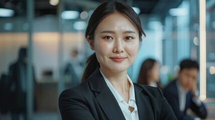 Obraz premium Portrait Of A Successful Young Asian Businesswoman At The Office, Feeling Confident With Colleagues In The Background