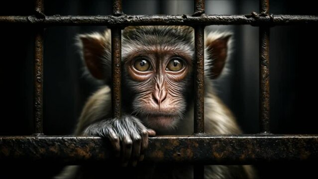 A Captive Monkeys Sad Eyes Through the Bars of Its Cage