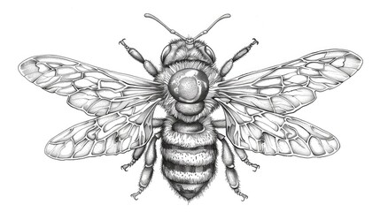 A charming hand drawn doodle in black and white depicting a cute bee perfect for coloring by children