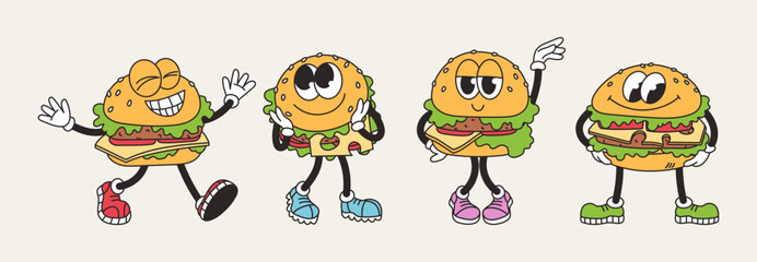 Set of retro groovy burger characters. Funny vintage mascot, vector elements, food. Junk Food. Cartoon illustration