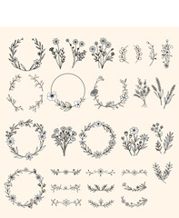 Floral set of elements wreaths, dividers, ornaments, vintage style, hand drawn 