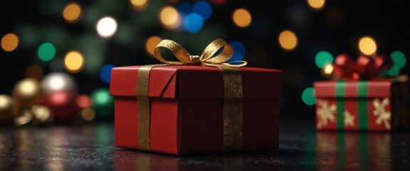 christmas decorations and holiday gift boxes on black background.