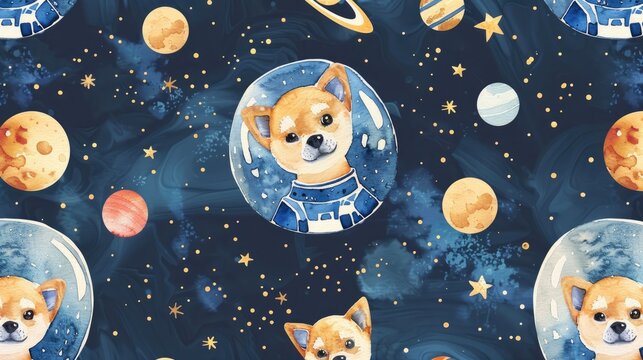 Space themed seamless watercolor pattern featuring a dog dressed as an astronaut