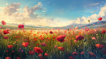 Fototapeta premium Spring meadow filled with poppies