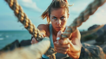 Close-up of a determined woman climbing a rope, an abstract representation of challenge and strength against a natural seaside background, as an inspiring wallpaper - Powered by Adobe