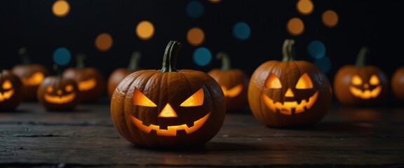Fototapeta premium Pumpkins and bats on a dark background Halloween holiday concept.