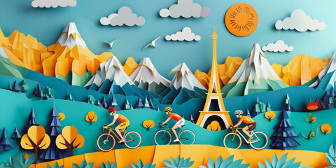 Paper art illustration of cyclists riding through french landscape