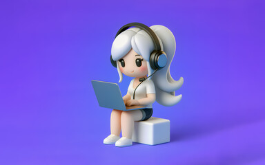 3D character of a woman with a headset working on a laptop illustration