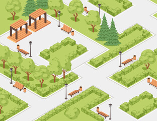 Isometric city park landscape design concept in vector illustration, isolated on white background