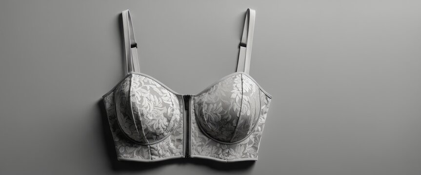 Bustier top technical fashion illustration with cropped length, molded cups, spaghetti straps Flat bra swimwear lingerie template front, back, white, grey color.