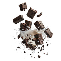 Brownie Chunks and Milk Splash Isolated on Transparent Background Perfect for Designs, food bloggers, dessert menus, and marketing materials