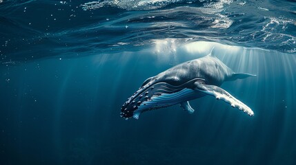 Fototapeta premium Humpback whale plays near the surface in blue water.