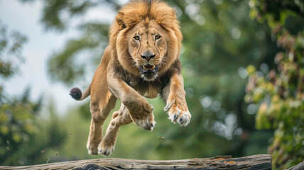 A lion runs along a path in the jungle and jumps over a fallen dry tree.