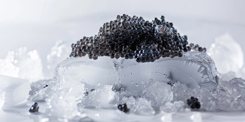 Black sturgeon caviar on a large block of ice.