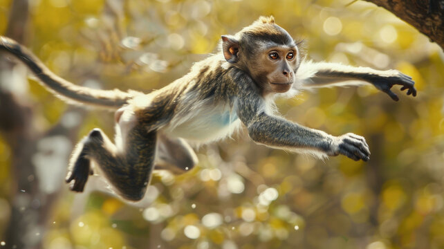 Monkey jumping from tree to tree in the jungle.