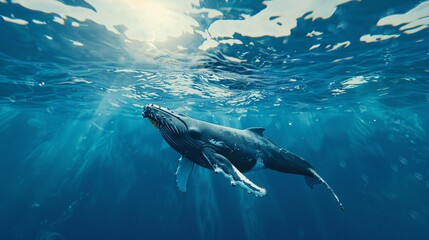 Fototapeta premium Beautiful humpback whale breaches in crystal-clear blue ocean.