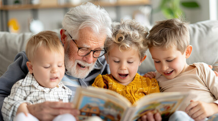 A loving grandfather reading a storybook to his three grandchildren at home on the couch, creating joyful family moments together.