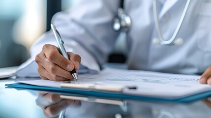Obraz premium A doctor's hands are seen writing on a document for signature, application, or information at a hospital desk. Close-up of a healthcare employee filling out paperwork or signing for medical aid