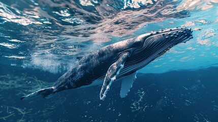 Fototapeta premium Humpback whale displays its magnificence in turquoise blue ocean.