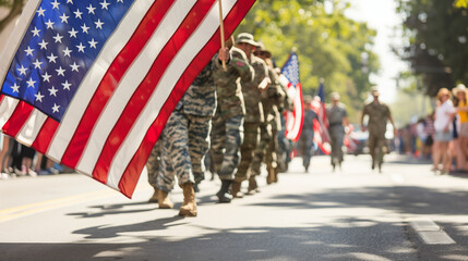 Naklejka premium a detailed image of veterans marching in an Independence Day parade, proudly carrying the American flag, Independence Day, Usa, 4th july, American flag, with copy space