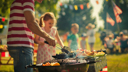 Fototapeta premium a detailed image of a couple grilling together while children play in the background, all enjoying the festivities, Independence Day, Usa, 4th july, American flag, picnics, barbecu