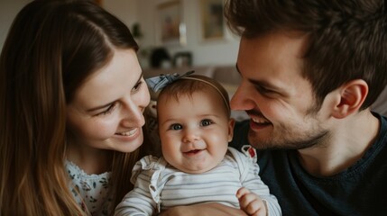 Smiling Young Parents With Their Baby Girl At Home, Sharing A Moment Of Family Bliss