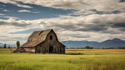 Obraz premium Neglected old barn in peaceful meadow.