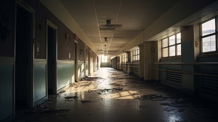 Abandoned hospital hallway boarded up.
