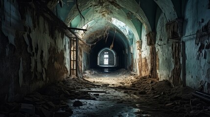 Obraz premium Crumbling spooky asylum corridors, echoes of haunting past