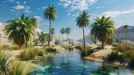 Fototapeta premium Tranquil Desert Oasis Surrounded by Pristine Sand Dunes Under a Clear Blue Sky