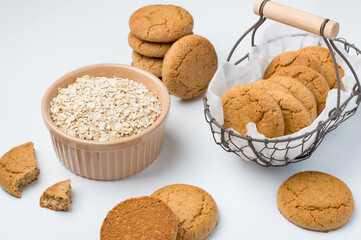 Oatmeal cookies on a light background, horizontal. Healthy diet..