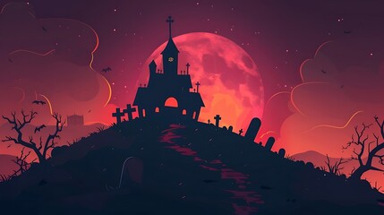 Halloween haunted house background with cemetery and full moon vector illustration