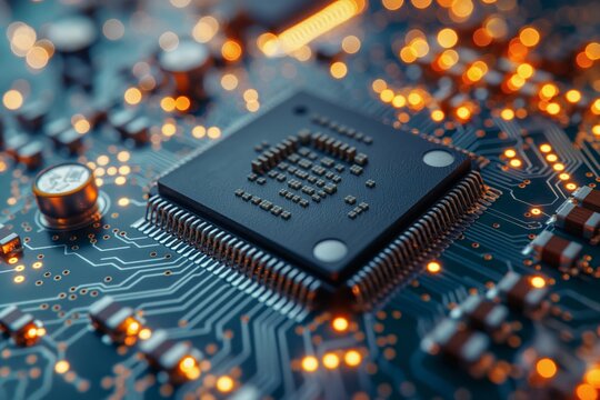 Macro image presenting a computer processor microchip, highlighting the complex circuitry