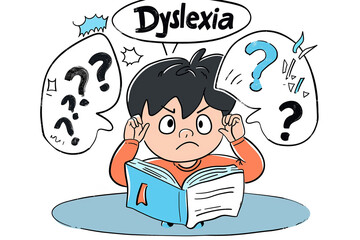 Child with dyslexia reading book with dancing letters. Concept of Dyslexia awareness and human brain development
