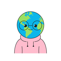 Earth character cartoon cute planet glasses student smile face happy emotions vector illustration.