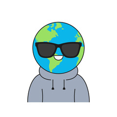 Earth character cartoon cute planet sunglasses smile face happy emotions vector illustration.