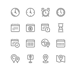 Set of time and address related icons, contact, date, countdown, schedule business and linear variety vectors.
