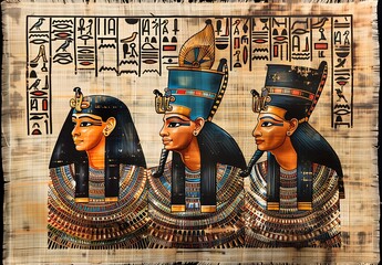 Ancient Egyptian Papyrus with Portraits of Pharaoh, Queen, and King in the Style of Egyptian Art - Generative AI