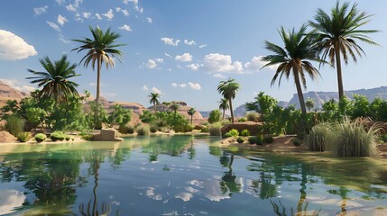 Obraz premium Tranquil Desert Oasis Surrounded by Pristine Sand Dunes Under a Clear Blue Sky
