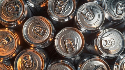 Top view of a grid of aluminum soda cans.