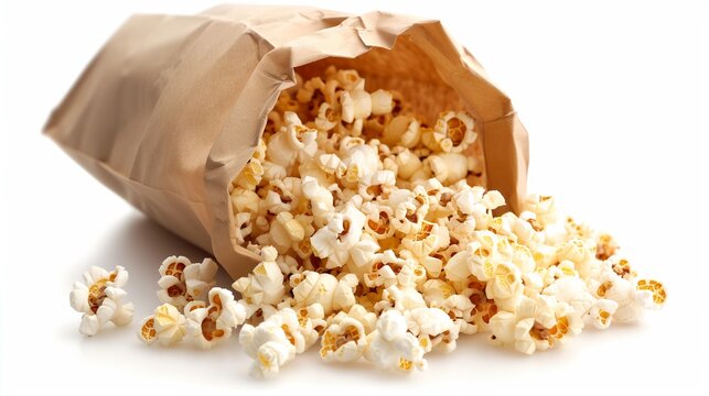 Paper bag with scattered fresh popcorn on a white background close-up.