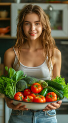 Slim thin woman holds a plate of vegetables in the kitchen. Healthy nutrition. Weight loss, diet and vegetarian concept. Vertical Banner.