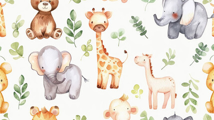 Fototapeta premium giraffe, baby elephant, tropical flowers - cute seamless pattern for a children's room or wallpaper, background with African animals
