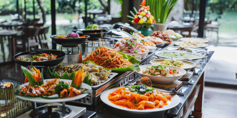A buffet table displaying diverse dishes in a restaurant setting